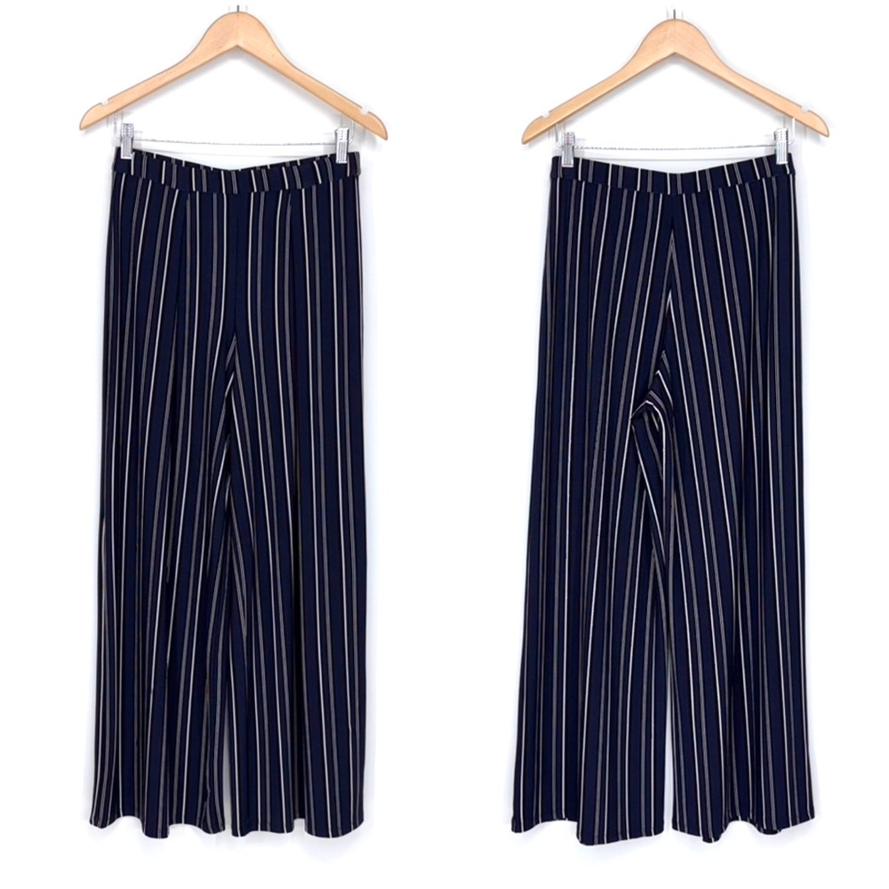 Philosophy Navy Blue Black & White Striped Pull On Extra Wide Leg Pants